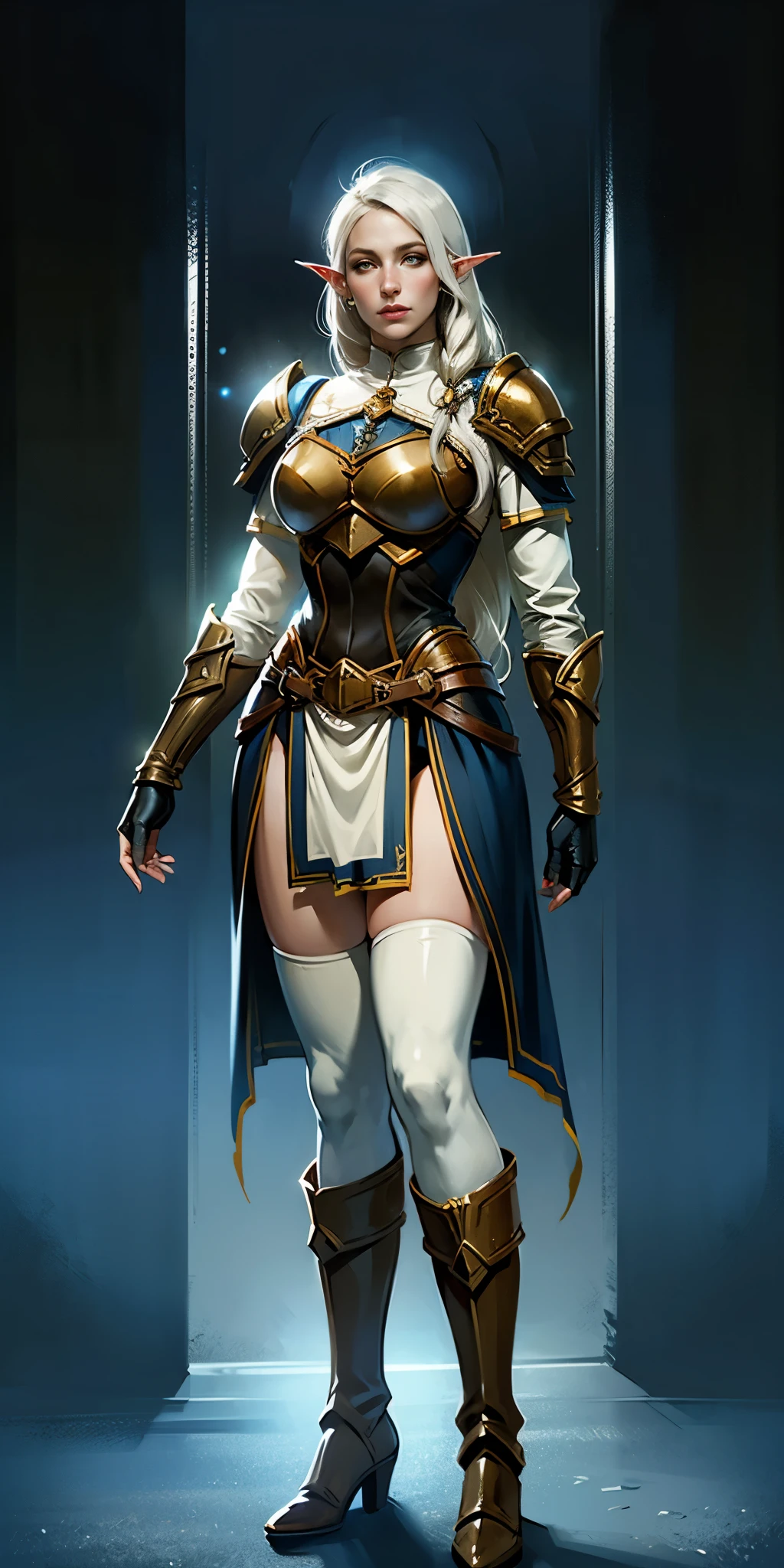 masterpiece, best quality, high quality, white SKIN elf, long hair, white hair, yellow eyes, full body, def_effie, blue breastplate, white skin, looking at viewer, shiny,armor, thighhighs, high boots,shoulder armor, faulds, poleyn, gloves, gauntlets