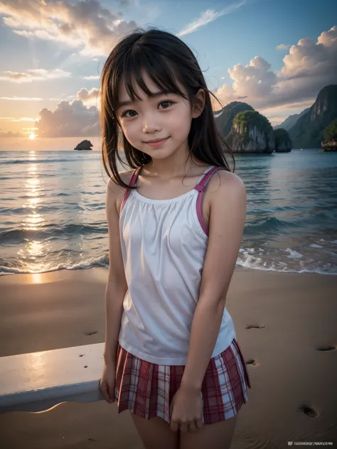 El Nido, Philippines, Japanese elementary school girl, shoulders bare, smile, sea, sunset