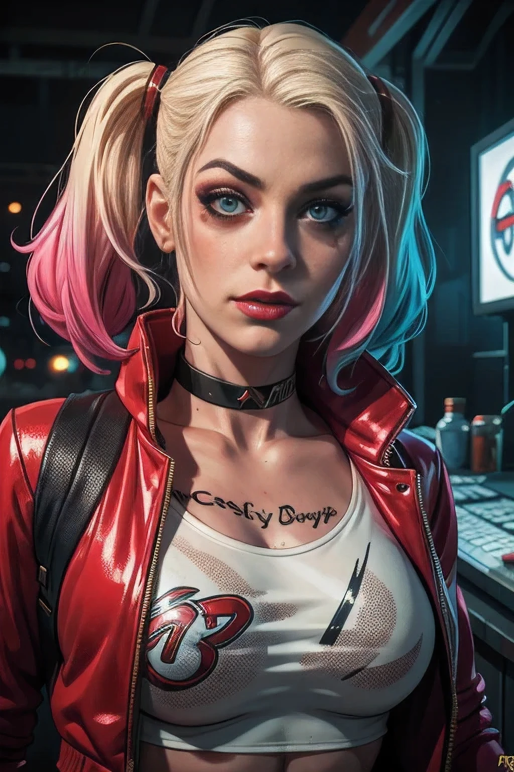 A detailed cyberpunk portrait of Harley Quinn, hyperrealistic, sharp focus, trending art station, studio photography, complex details, extremely detailed, by Greg Rutkowski