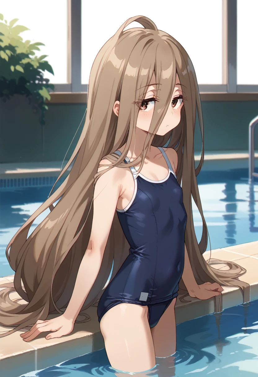 masterpiece,best quality,cowboy shot,from side,solo,1girl,very youg girl,(petite),((skinny)),small breast,navy colored school swimsuit,sitting down on the pool side,sense \(sousou no frieren\),brown eyes,very long hair,absurdly long hair,hair between eyes,eyes visible through hair,(ahoge),sleepy eyes,