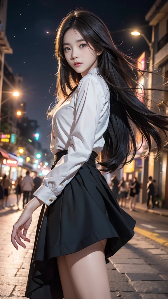 ulzzang-6500-v1.1, (RAW photo: 1.2), (Real photo), (Real photo: 1.4), 1 girl、Perfect anatomy、1、Looking at the camera、Medium length hair、hair flying in the wind, skirt, in Hanoi city at night, with stars, ((in Hanoi city at night: 1.1))、(Business service)、Asian eyes Ella,