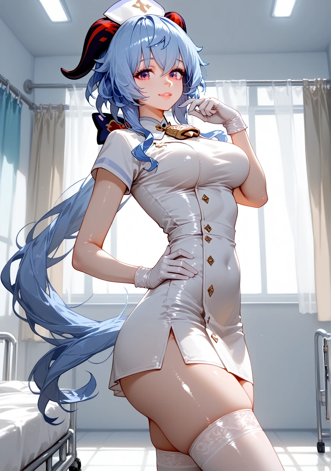 Highest quality, Highest quality, High quality illustrations, masterpiece, Ultra-high resolution, Detailed Background, Absurd, Perfect Anatomy, performance, Good lighting, Shadows in the movies, 1 girl, solo, ganyu \(genshin impact\), Purple eyes, long hair, light blue hair, long ponytail, Brownish horns, alternate costume, medium breasts, nurse, nurse cap, white wear, ((white legwear, zettai ryouiki)), white gloves, blonde hair, blue eyes, pink lips, smile, standing, ((hospital room)), sharp outline, short sleeves, dynamyc pose, From the side, bewitching thighs, gleaming, shiny skin, shiny, two beautiful legs