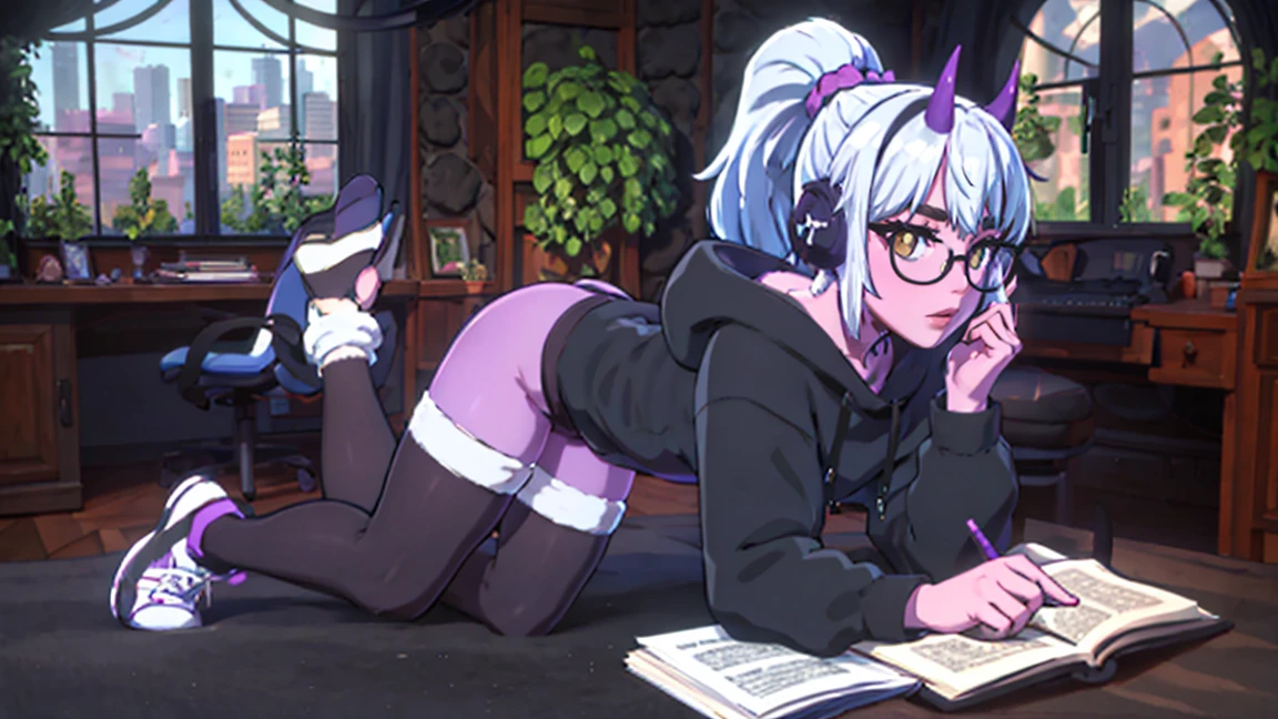 purple skin, white hair  , black hoodie, black short shorts, black and white striped thigh-high socks, black and white sneaker, purple headphones , two purple horns,  black eyeframes, yellow eyes, purple skin, fringe with two side bangles and ponytail hairstyle, lofi, lo-fi, cozy lo-fi room, bedroom, big windows, mature, beautiful woman,   masterpiece, high detailed face, ultra detailed, 8k, horned devil demon woman, thick thighs, reading a book by the baywindow