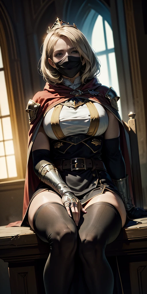 (masterpiece, best quality, absurdness, 4k, aesthetic, detailed, intricate, perfect lighting) cinematic angle, 1sologirl, sitting on throne, elbow rest, castle interior, mask, hood, cape, belt, armor, cloak, red gloves gauntlets, bkcrown