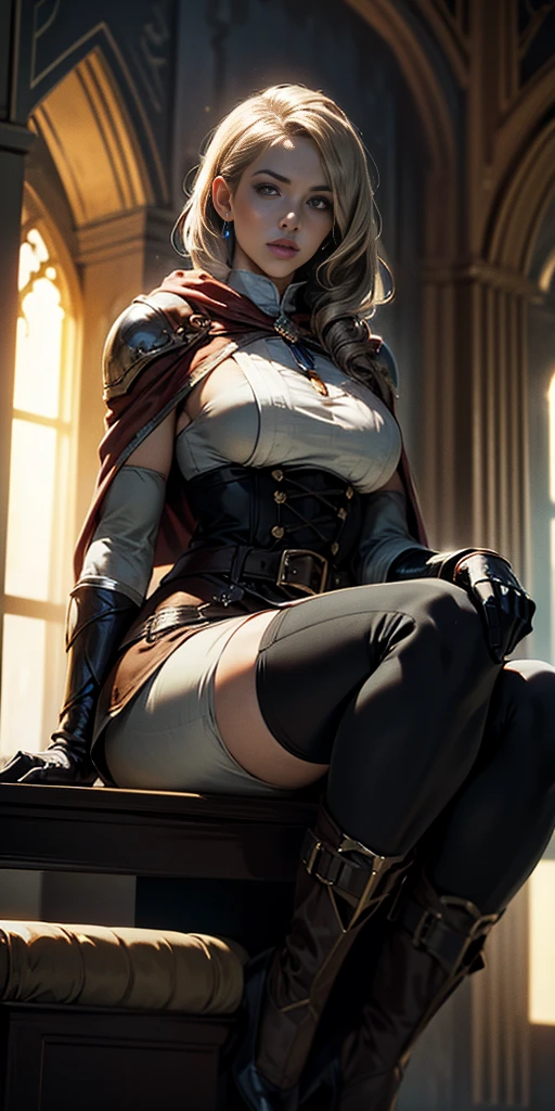 (masterpiece, best quality, absurdness, 4k, aesthetic, detailed, intricate, perfect lighting) cinematic angle, 1sologirl, sitting on throne, elbow rest, castle interior, mask, hood, cape, belt, armor, cloak, red gloves gauntlets, bkcrown