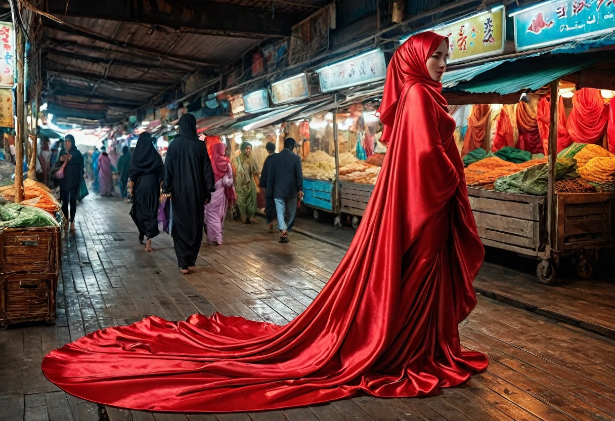 A woman shrouded in a 9-meter-long, plush red satin cloth, tightly bound and grandly draping along the form of her body, flowing off into a pooled floor-length train, styled in a mermaid-inspired outfit, her head modestly veiled in a satin hijab, 175 height woman, walk in wet traditional market, a full-body pose conveying a sense of elegance, captured in a 4k resolution, ultra-realistic