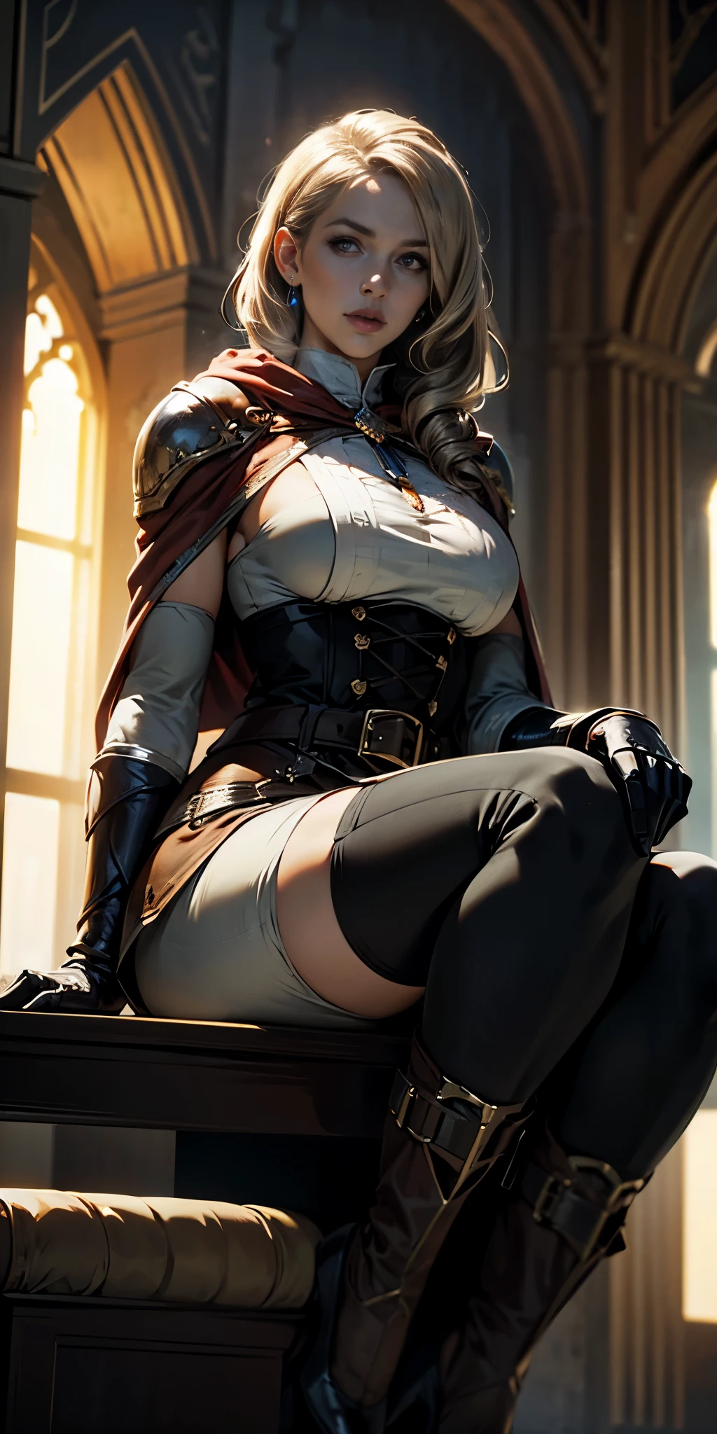 (masterpiece, best quality, absurdness, 4k, aesthetic, detailed, intricate, perfect lighting) cinematic angle, 1sologirl, sitting on throne, elbow rest, castle interior, mask, hood, cape, belt, armor, cloak, red gloves gauntlets, bkcrown