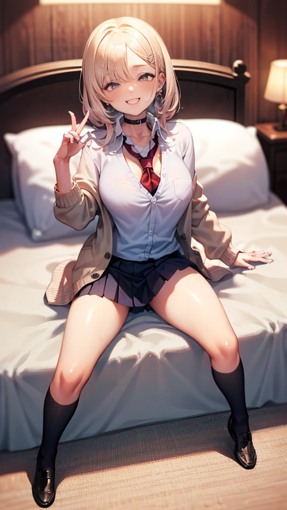 ((masterpiece、Highest quality、Very detailed))、one person、gyaru、blondes、Long black hair、blunt bangs、Grey Eyes、evil smile、((Sit on the bed、Leg spread、sexual temptation))、((lots of piercing))、Small chest chest、((White collared shirt))、((pink cardigan))、((Black pleated skirt))、((micro miniskirt))、Cowboy Shot、Classroom Background High Resolution, masterpiece, accurate, Anatomically correct, Winner of numerous awards, Highest quality, Damaged, High-resolution model, High detail, retina, Very detailed, Textured skin, Ultra high definition, movie light effect, movie, Movie shooting, clair obscur, Background blur, Everything detailed and exquisite、Complete human body、Correct human body、Perfect human body、Accurate human body、Detailed Background、Elaborate Background,
(((night:1.8, Desaturated lighting、Ambient lighting:1.3, A room with the lights off:1.8))),
(((Love hotel bed:1.8, sexual behavior、Love hotel bedルーム:1.8))), 

((Thin, sharp eyes:1.7, Huge breasts、Big cleavage、Licking your lips:1.6, Long eyelashes, Make a smile with your fingers:1.8, A seductive smile,))