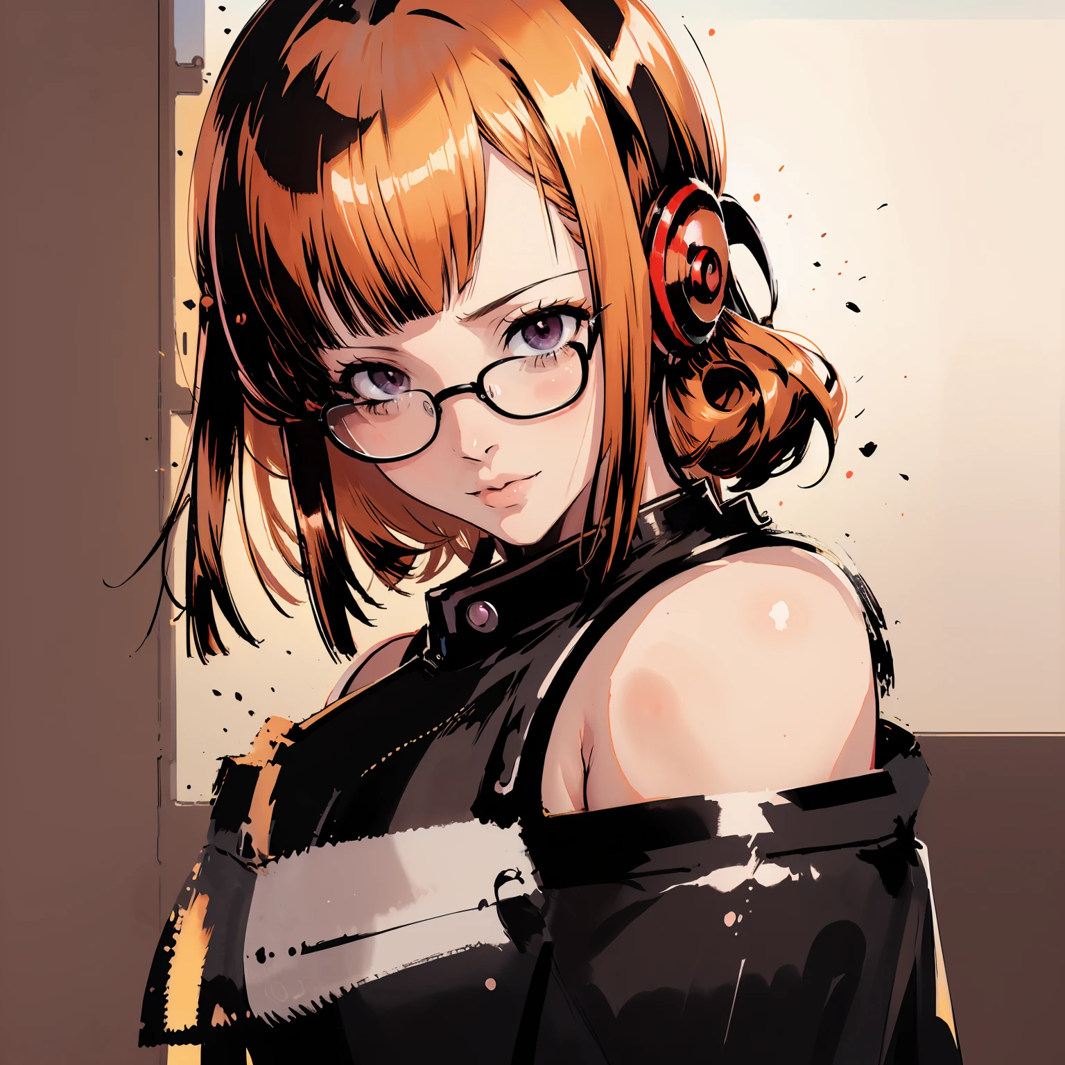 masutepiece, Best Quality, hight resolution, 1girl in, futaba sakura, Blunt bangs, eye glassesの,purple eyes , Ahoge,orange color hair、 eye glassesの, headphones, bura, Jacket, off shoulders, Fur trim, fur-trimmed jacket, Green jacket, Shorts, ,the golden hour,A smile that showed teeth、1black cat、tea shop、On the counter、Coffee、futaba sakura、Purple eyes、orange color hair、eye glasses、,​masterpiece、top-quality、Official art、illustratio、ligne claire、(Cool_Farbe)、perfect-composition、focal、acurate, Anatomically correct、 、hight resolution, Beautiful detailed glow, masutepiece*Portrait, 3D Face, Realistic, (masutepiece: 1.3), (max resolution: 1.2), (Ultra HDTV: 1.2), cinematric light, 8K resolution, phi ,​masterpiece、top-quality、Ultra Detail、(((shiny lips: 1.4)))Beautiful face, acurate, Anatomically correct, phiAlways detailed face and skin texture, Detailed eyes, Double eyelids, tThin eyebrows、 pale skin, Lustrous skin all over the body, Perfect face,Always detailed face and skin texture, Detailed eyes, Double eyelids, Thin eyebrows,Natural cheeks, Glossy skin, Fair skin: 1.2, (Glossy lips: 1.4), (((The most beautiful girl)))、(((beautiful a girl)))、（little blush）、（Beautiful face）、 Delicate and beautiful hair, Delicate and beautiful eyes and face, (Beautiful gorgeous cute western woman:1.3),)(((Very Beautiful face))))(((long lashes))))(((Circular twinkling eyes)))(((Glossy and glossy lips))) (((Cheeks with a slight reddish tinge:0.8)))(((Neat and straight nose bridge)))、(((Cowboy Shot)))crouching cowgirl,