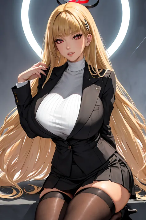 (rio), (red eyes:1.5), hair ornament, hairclip, halo, long hair, (blonde hair:1.4)
break black footwear, black jacket, black pan...