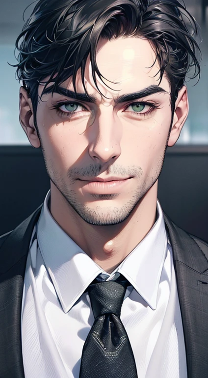 (best quality,4k,8k,highres,masterpiece:1.2),ultra-detailed,(realistic,photorealistic,photo-realistic:1.37),1 man,3,mature man,very handsome,without expression,smile,short grey black hair,green eyes,penetrating gaze,perfect face without errors,imposing posture,businessman,office background,cinematic lighting,hdr image