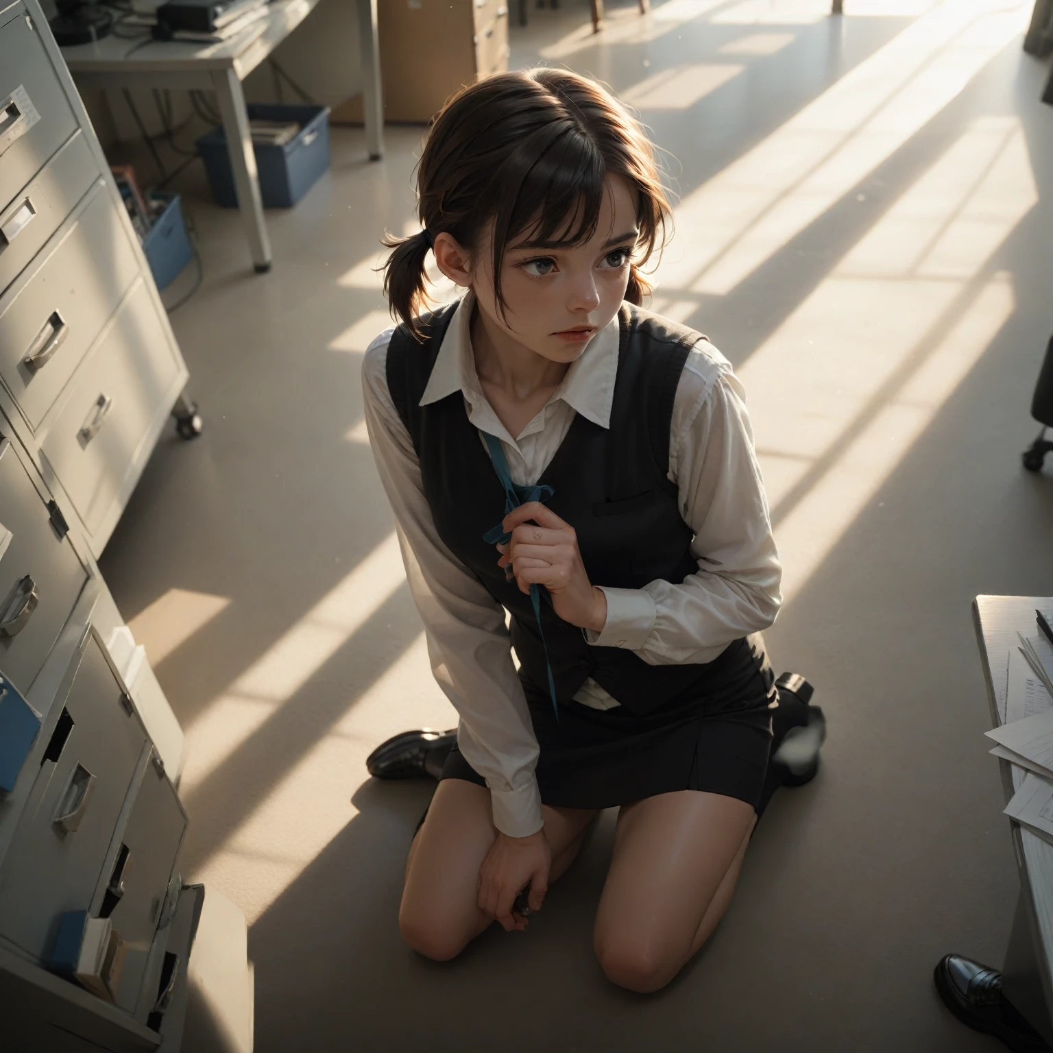 kneeling, (short ponytails:1.2), black vest, white long-sleeve shirt, black skirt, black shoes, office setting, indoor,  filing cabinets, natural lighting, soft shadows, calm atmosphere, front view, upper-angle, shallow depth of field, balanced exposure,open legs,fullnude,white panties,(from above:1.2),