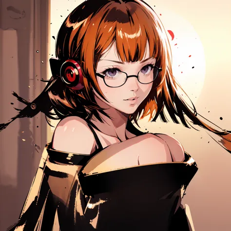 masutepiece, best quality, hight resolution, 1girl in, futaba sakura, blunt bangs, eye glassesの,purple eyes , ahoge,orange color...