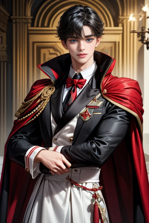 masterpiece, 最high quality, high quality, 1 boy, alone, Male focus, Upper Body,Watching the audience, Messy black hair, Adorable big blue eyes, White, Noble, Noble,A black and red cape that is bursting with sexy volume、Tuxedo、A very voluminous, large, very large, very large, long, long red and black cape with a high stand-up collar, made of a lot of fabric that reaches down to the floor., ,cute beautiful,Cute, cute, kind, handsome guy