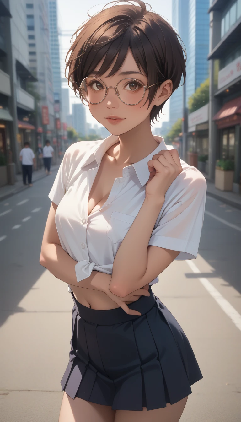 score_9, score_8_Excellent, score_7_Excellent, Realistic:1.2, realistic face and eyes:1.3, Realistic skin:1.3, Japanese idol photos, Beautiful young idol, 1, Perfect model body shape., tomboy, (very short hair, pixie cut, Black Hair), circle-glasses, (((Captivating beauty))), big eyes, double eyelid, Attractive eyes, Glossy Lips, perfect female body, Big Breasts:1.8, Cleavage, Firm stomach, belly button, Round ass:1.4, Toned thighs, Beautiful hands and feet, very good, Polo shirt, Mini skirt, Seductive pose, Tokyo, Skyscraper Background, Attention to detail, Anatomically correct, Textured skin, high quality