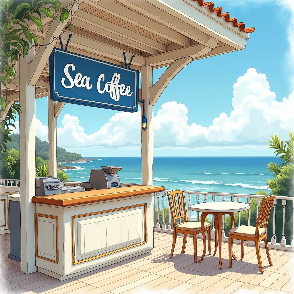 material{
A villa-style coffee shop with a refreshing ocean view.
Delicious coffee shop, popular coffee.
A long-established traditional store.
You can see a sign that says "Sea Coffee" in a fun blue-based color.
}

spice{
One of the oversized scoop photos impressively featured on the cover of a coffee magazine.
}

How to make{
Gentle touch and warm tone,watercolor effect style sketch art.
}