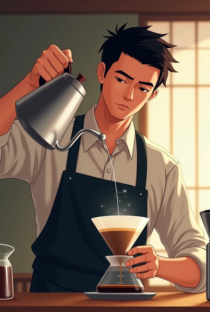 A skilled barista brews coffee with a look of confidence and concentration. Holding the pour-over brewer high, he slowly pours hot water over the coffee grounds in a string-like motion. It expresses the elegance and artistry of coffee brewing. The coffee is poured drop by drop into the transparent pot. Customers admire the barista's skill. A Japanese coffee shop.