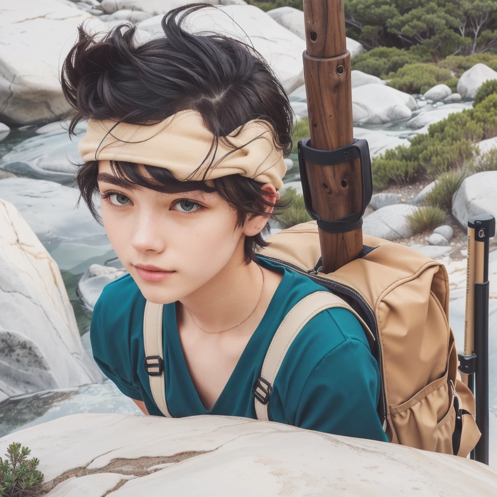 Small eyed man,short hair, Teal Top, Beige backpack, Standing in a big rock, Holding a wooden hiking stick, Natural outdoor setting with greenery and rocks, overcast lighting, Adventurous atmosphere, Side view, Deep writing depth.