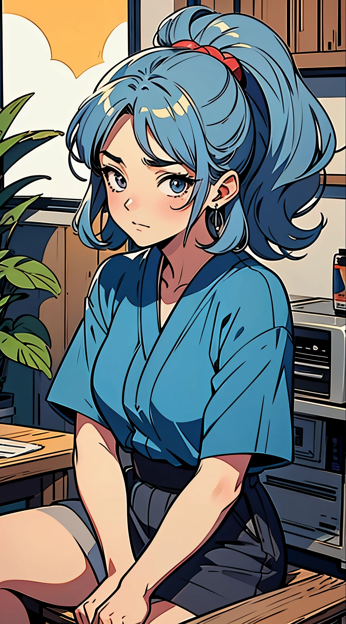 80's pop style, Japanese anime, female, slouchy face, dark blue and silver hair color, loose permed hair, upper body, sitting on wooden table, boom box in background, pachira plant,