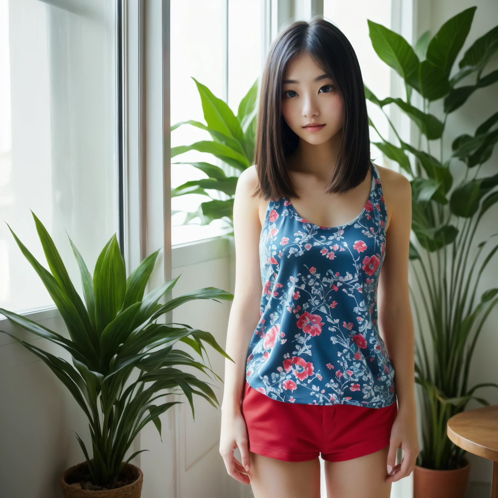 natural expression, medium length straight hair, blue floral tank top, red shorts, pose casual, standing, looking down, indoor environment, big window, natural light, soft shadows, relaxed and fresh atmosphere, Front view, well balanced exposition, sharp focus on the subject