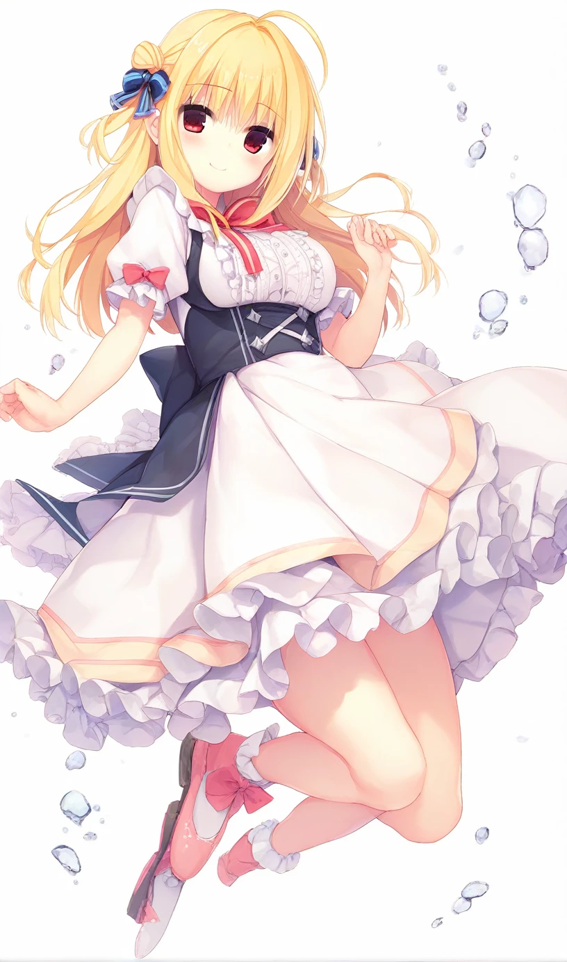 1girl,hiyori-default,red eyes,blonde hair, double Good,ahoge, long hair,thighs,standing,jumping,hand_up,dress,short_sleeves,sensitive,white_dress,looking_at_viewer,puffy_short_sleeves,puffy_sleeves,bow,bangs,full_body,frills,long_hair,closed_mouth,frilled_dress,pink_footwear,shoes,hair_Good,pink_bow,blush,smile,General,questionable,explicit,One person、