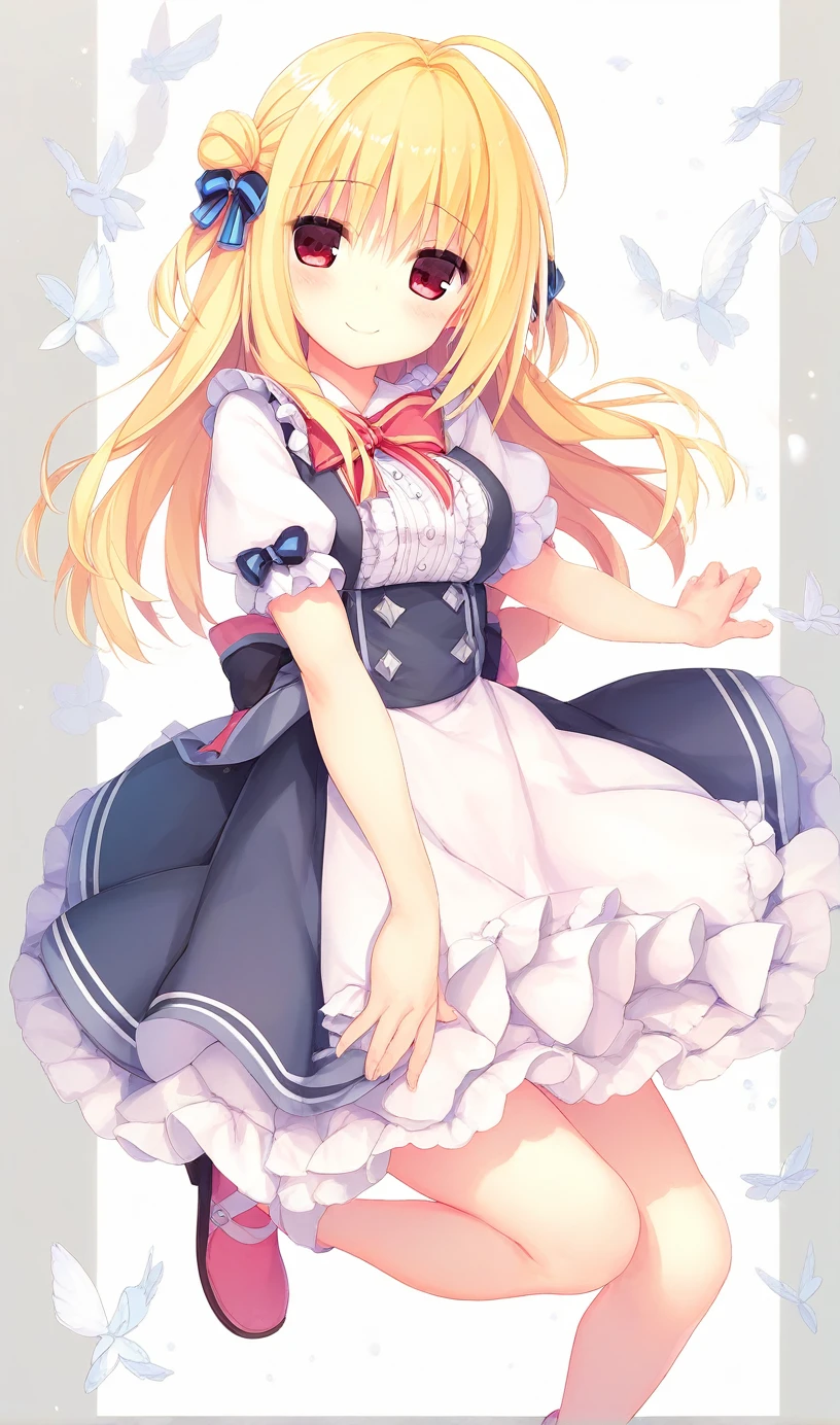 1girl,hiyori-default,red eyes,blonde hair, double Good,ahoge, long hair,thighs,standing,jumping,hand_up,dress,short_sleeves,sensitive,white_dress,looking_at_viewer,puffy_short_sleeves,puffy_sleeves,bow,bangs,full_body,frills,long_hair,closed_mouth,frilled_dress,pink_footwear,shoes,hair_Good,pink_bow,blush,smile,General,questionable,explicit,One person、