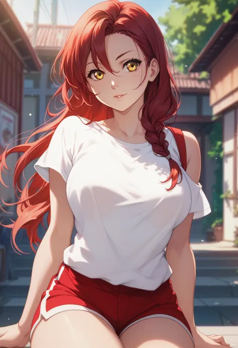 work of art, best qualityer, big white shirt, shoulder slide,neckleace,breasts big ,dark red hair ,manga curta , no back ground,...