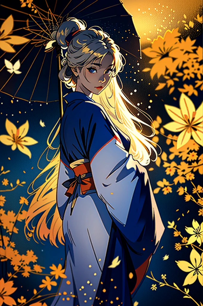 (1 girl: 1,3), geisha, ((zen)), (masterpiece, highest quality, best quality: 1,3), extremely detailed background, Zen calligraphy, unique visual effect. long golden hair. blue eyes, full-length, kimono, open shoulders, covers her chest with her hands, photo from behind, looks at the camera over her shoulder, confused, realistic, full-length.