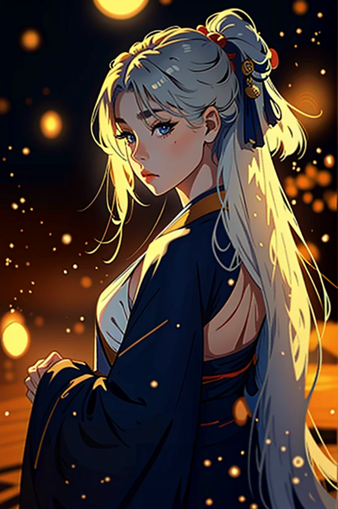 (1 girl: 1,3), geisha, ((zen)), (masterpiece, highest quality, best quality: 1,3), extremely detailed background, Zen calligraphy, unique visual effect. long golden hair. blue eyes, full-length, kimono, open shoulders, covers her chest with her hands, photo from behind, looks at the camera over her shoulder, confused, realistic, full-length.