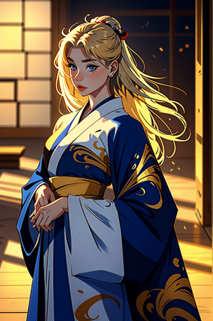 (incredibly beautiful young blonde femme fatale: 1,3), geisha, ((zen)), (masterpiece, highest quality, best quality: 1,3), extremely detailed background, Zen calligraphy, unique visual effect, long golden hair. blue eyes, full-length, kimono, open shoulders, covers her chest with her hands, photo from behind, looks at the camera over her shoulder, confused, realistic image, masterpiece, full height. photo from the back.