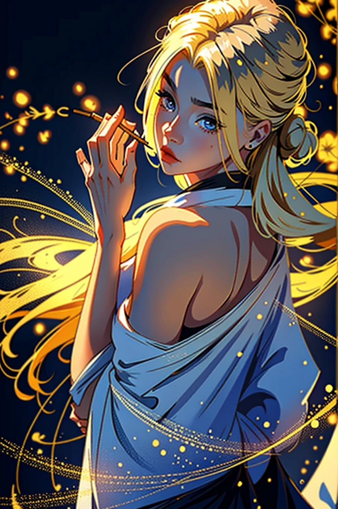 (incredibly beautiful young blonde femme fatale: 1,3), geisha, ((zen)), (masterpiece, highest quality, best quality: 1,3), extremely detailed background, Zen calligraphy, unique visual effect, long golden hair. blue eyes, full-length, kimono, open shoulders, covers her chest with her hands, photo from behind, looks at the camera over her shoulder, confused, realistic image, masterpiece, full height. photo from the back.