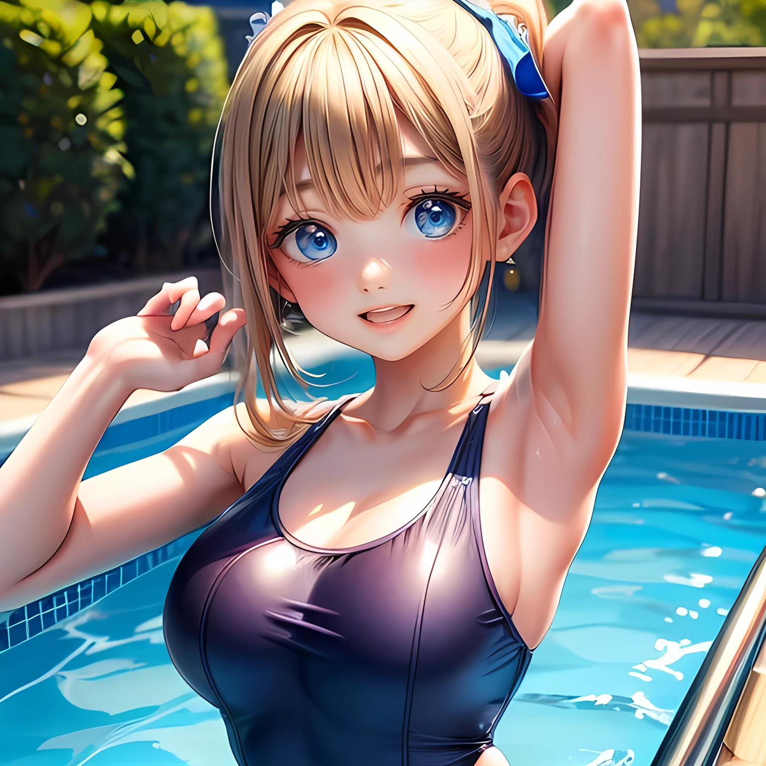 (Perfect Anatomy, Balanced ratio, very cute illustration:1.1), Poolside, Open your mouth、blonde, blue eyes, Wavy long hair, ponytail, Half-cut bangs,(Beautiful breasts、Saggy breasts)、 (Place your arms behind your head, Underarm),  (Embarrassing), (Gorgeous idol costume swimsuit with attention to detail), Baby Face, (girl:1.5), (Cute round face),