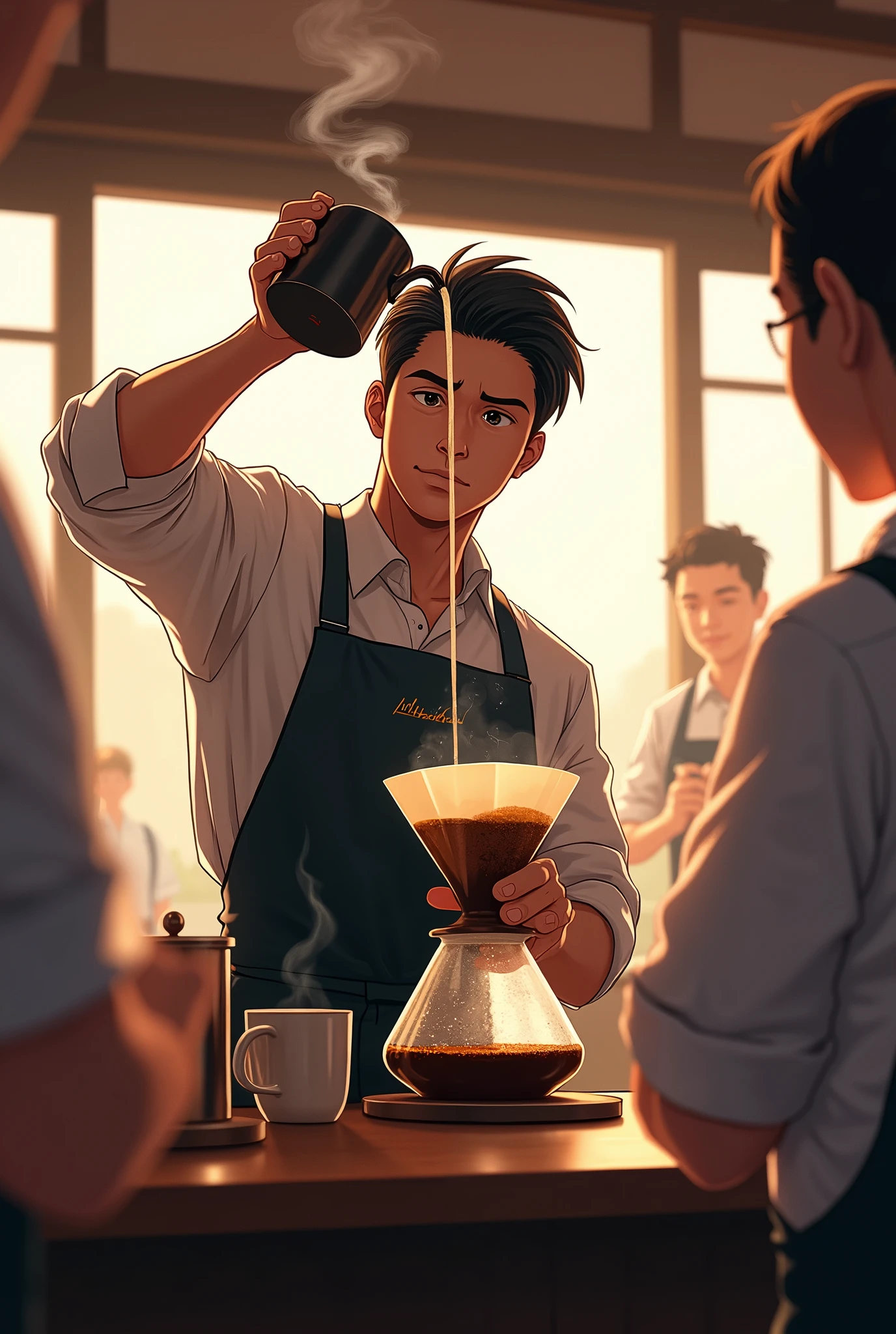 A skilled barista brews coffee with a look of confidence and concentration. Holding the pour-over brewer high, he slowly pours hot water over the coffee grounds in a string-like motion. It expresses the elegance and artistry of coffee brewing. The coffee is poured drop by drop into the transparent pot. Customers admire the barista's skill. A Japanese coffee shop.