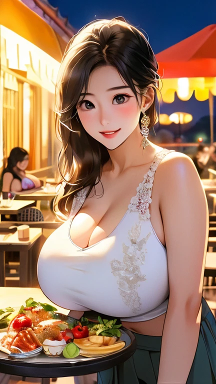 Realistic, masterpiece, Highest quality, (Beautiful Eyes), One high school girl,Sexy pose、(((Burstingly Big Breasts:1.5)))、((Tight abdomen))、 Huge breasts, Sweat, night, Outdoor, Vibrant restaurant, Gorgeous lace lingerie, Grin, Wet Face, Wet body, Earrings,   Small tray,  Central opening, 