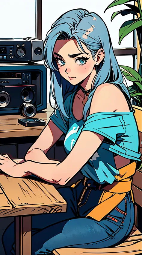 80's pop style, female, dark blue and silver hair color, loose permed hair, upper body, sitting with hands on wooden table, boom...