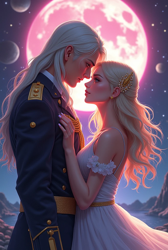 The Wattpad cover is about the novel by an incredibly beautiful young femme fatale, an incredibly beautiful blonde woman, a princess of Venus and a general of the Earth army, a tall, handsome, statuesque, courageous adult man with long straight platinum hair. anime style.