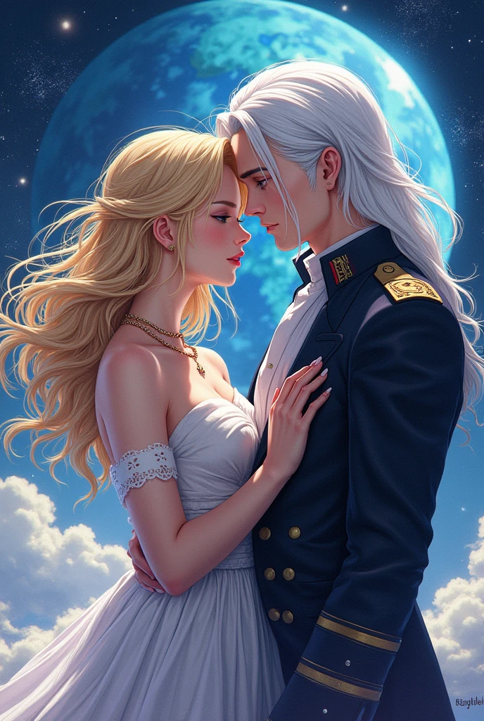 The Wattpad cover is about the novel by an incredibly beautiful young femme fatale, an incredibly beautiful blonde woman, a princess of Venus and a general of the Earth army, a tall, handsome, statuesque, courageous adult man with long straight platinum hair. anime style.