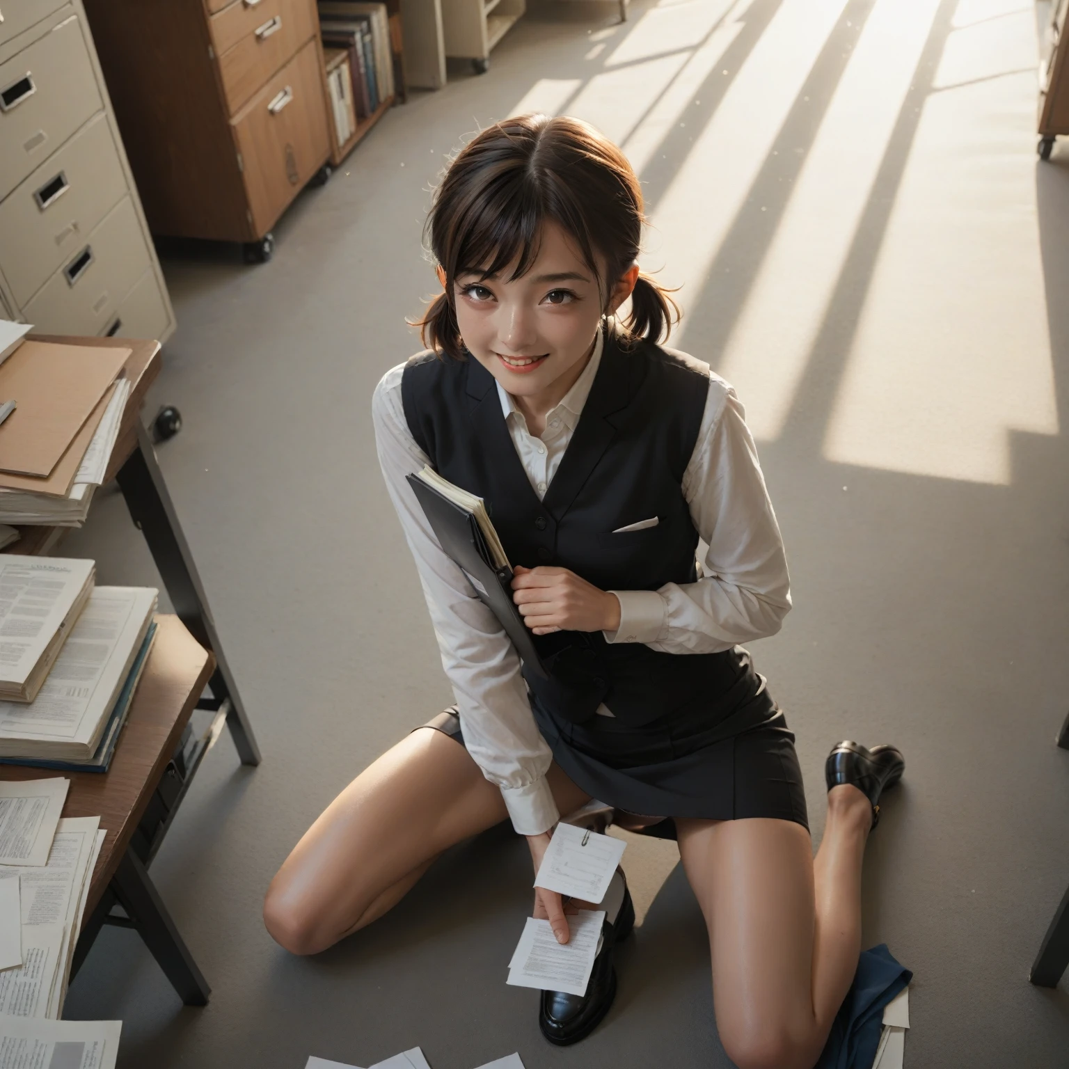 1girl,beautiful girl,akb48,nogizaka46,kneeling, (short ponytails:1.2), black vest, white long-sleeve shirt, black skirt, black shoes, office setting, indoor,  filing cabinets, natural lighting, soft shadows, calm atmosphere, front view, upper-angle, shallow depth of field, balanced exposure,open legs,(fullnude:1.0),(white panties:1.4),(from above:1.2),smile,