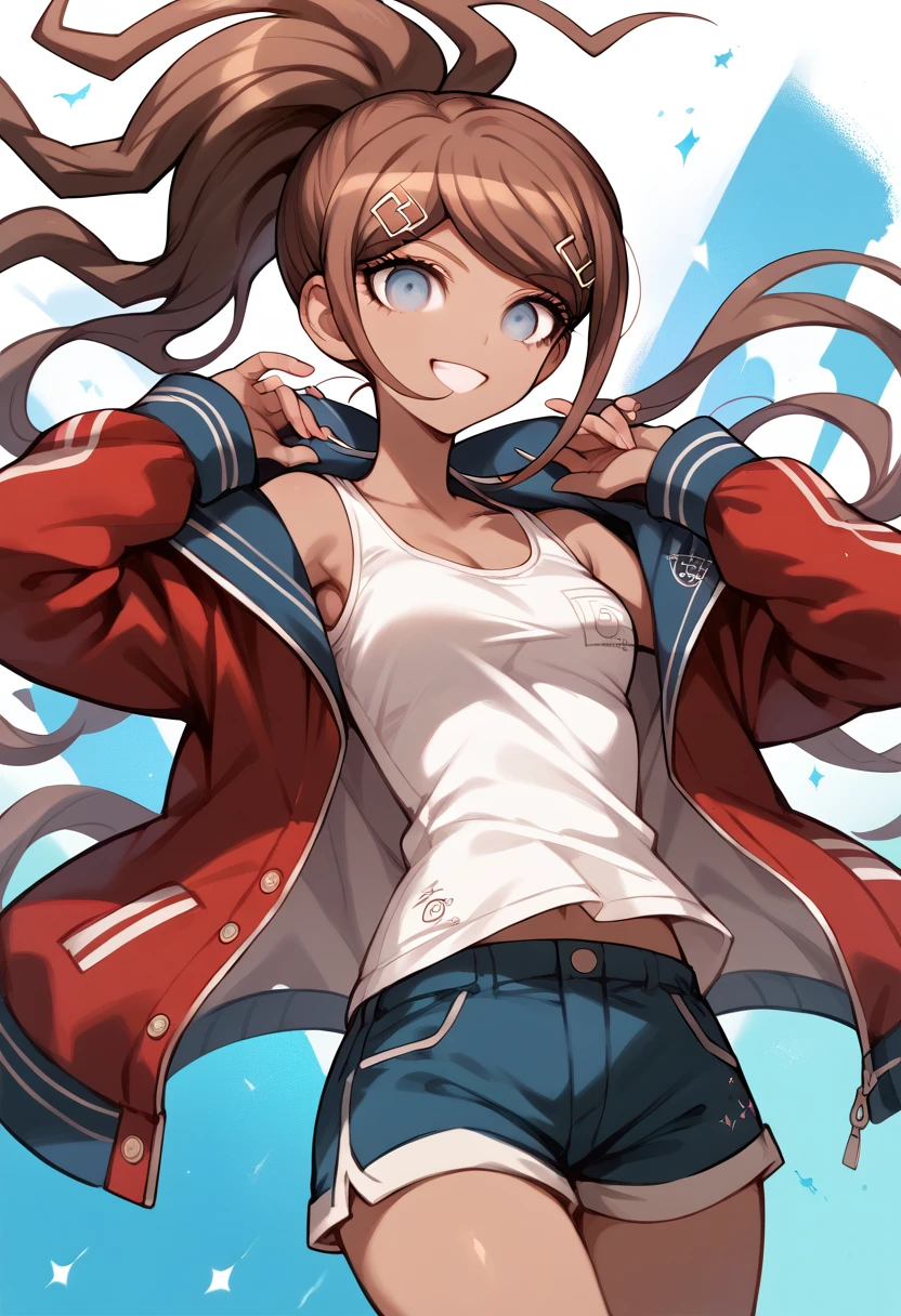 masterpiece,High resolution,Highest quality,8k
(Danganronpa,Aoi Asahina,Brown skin,Brown Hair,ponytail,Barrette,Big blue eyes,slender,Blue shorts,White tank top,Red open jacket,Long sleeve)smile