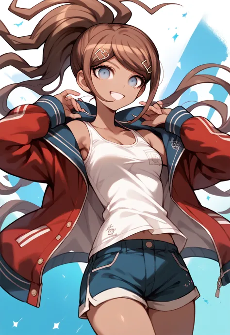 masterpiece,high resolution,highest quality,8k
(danganronpa,aoi asahina,brown skin,brown hair,ponytail,barrette,big blue eyes,sl...