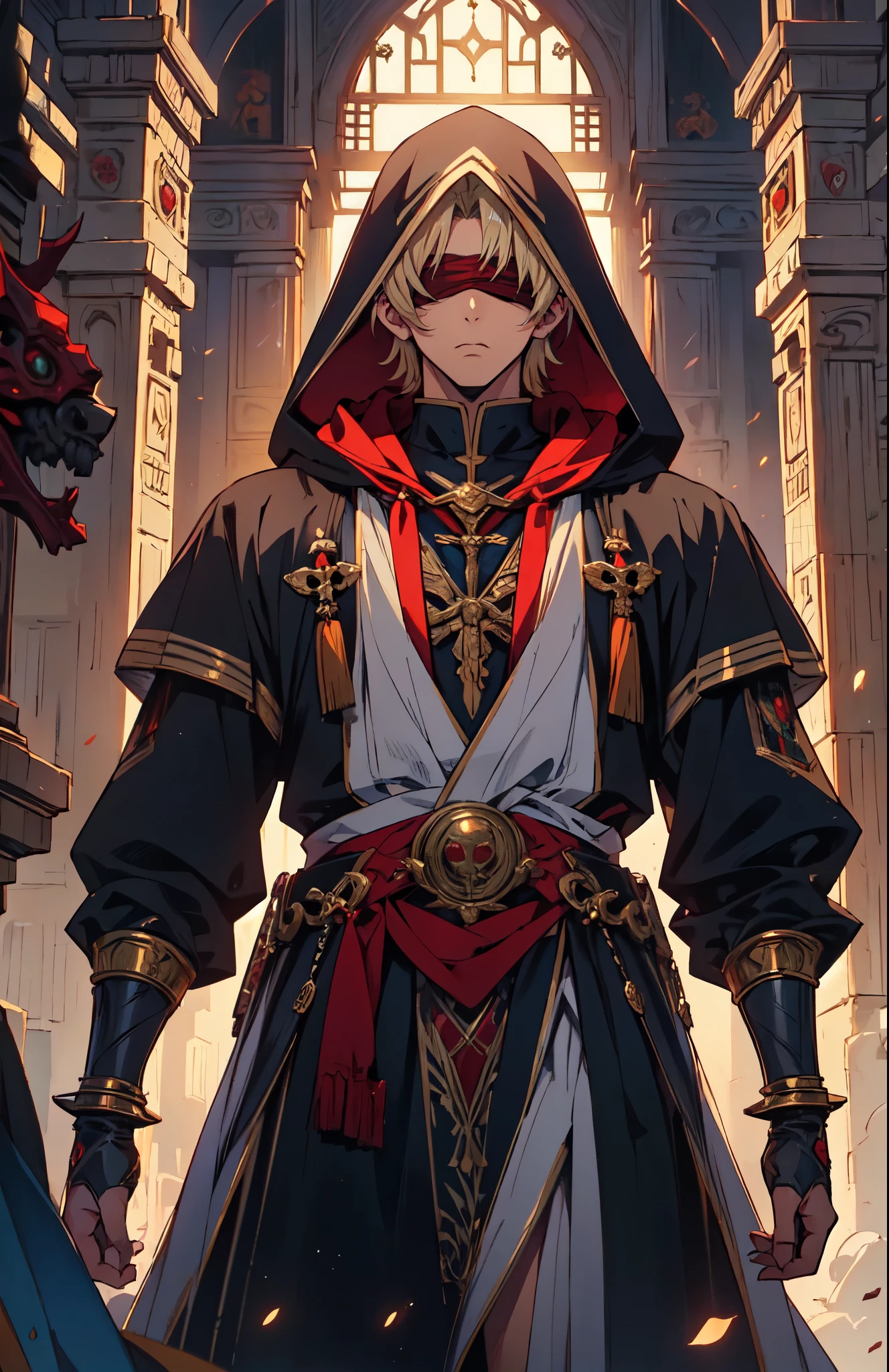 (masterpiece:1.2, best quality:1.2, extremely delicate:1.2), ((male:1.5)), a grown man with spiky brown hair, side-parted bangs, (Red blindfold:1.5), a resigned expression, a fantasy-realism style black hooded coat, a tattered gray robe underneath, cloth shoes, he stands within a Medieval Futurism-style temple, this character embodies a finely crafted Medieval Futurism-style priest in anime style, exquisite and mature manga art style, dramatic, high definition, highres, ultra-detailed, ultra-fine painting, professional, perfect body proportions, golden ratio, anatomically correct, symmetrical face, extremely detailed eyes and face, high quality eyes, creativity, RAW photo, UHD, 32k, Natural light, cinematic lighting, (masterpiece-anatomy-perfect:1.2)