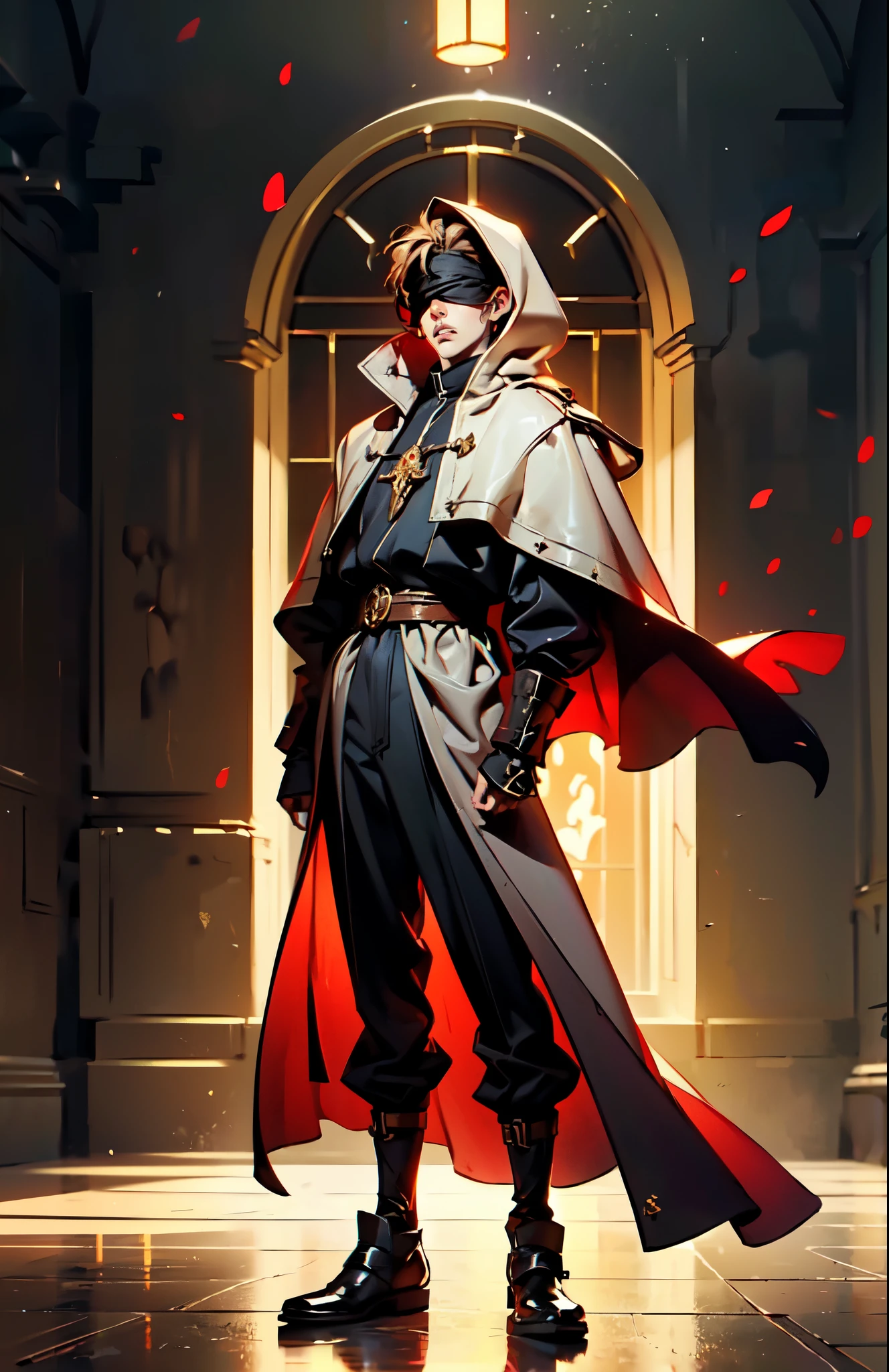 (masterpiece:1.2, best quality:1.2, extremely delicate:1.2), ((male:1.5)), a grown man with spiky brown hair, side-parted bangs, (Red blindfold:1.5), a resigned expression, a fantasy-realism style black hooded coat, a tattered gray robe underneath, cloth shoes, he stands within a Medieval Futurism-style temple, this character embodies a finely crafted Medieval Futurism-style priest in anime style, exquisite and mature manga art style, dramatic, high definition, highres, ultra-detailed, ultra-fine painting, professional, perfect body proportions, golden ratio, anatomically correct, symmetrical face, extremely detailed eyes and face, high quality eyes, creativity, RAW photo, UHD, 32k, Natural light, cinematic lighting, (masterpiece-anatomy-perfect:1.2)