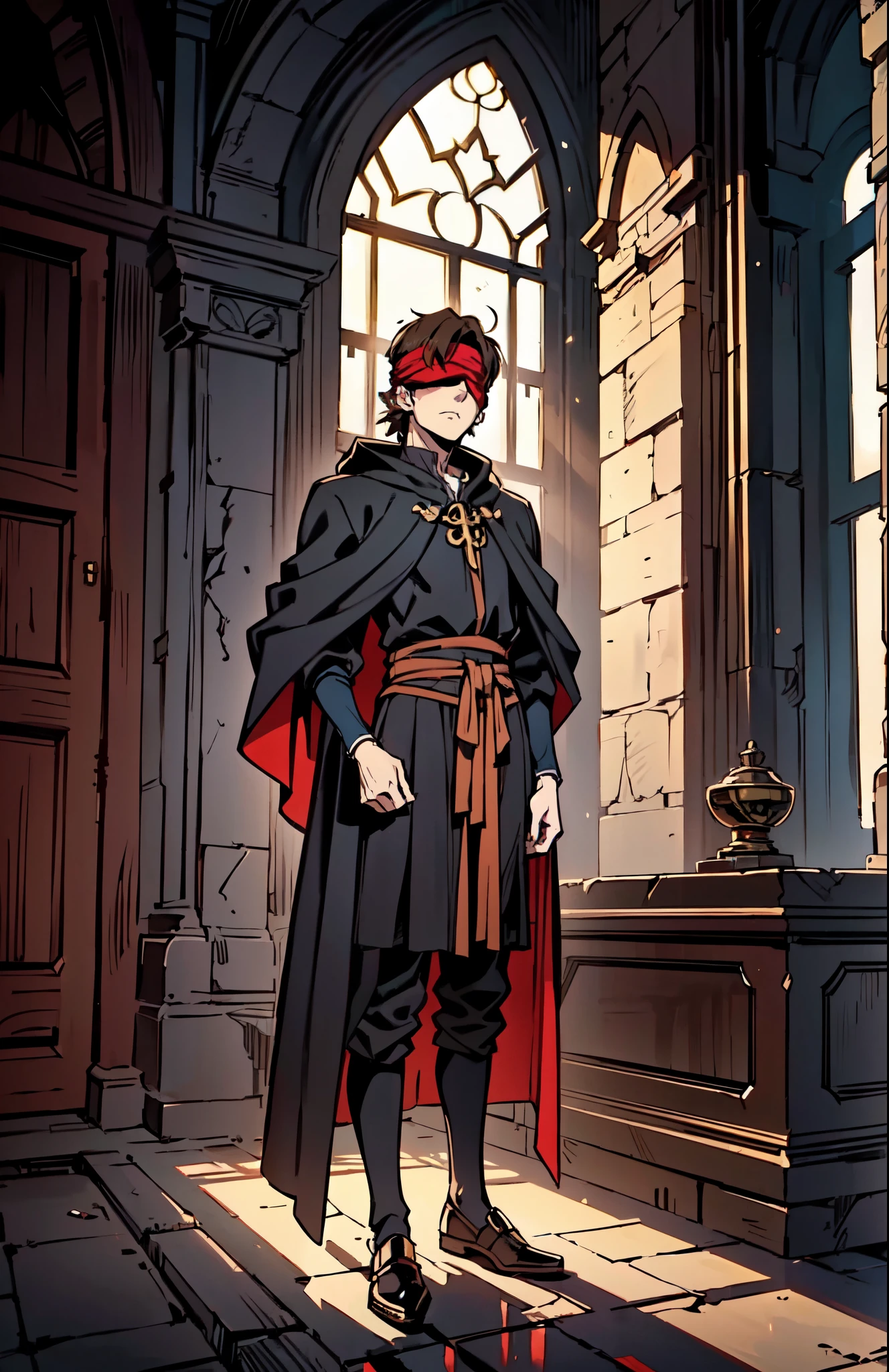 (masterpiece:1.2, best quality:1.2, extremely delicate:1.2), ((male:1.5)), a grown man with spiky brown hair, side-parted bangs, (Red blindfold:1.5), a resigned expression, a fantasy-realism style black hooded coat, a tattered gray robe underneath, cloth shoes, he stands within a Medieval Futurism-style temple, this character embodies a finely crafted Medieval Futurism-style priest in anime style, exquisite and mature manga art style, dramatic, high definition, highres, ultra-detailed, ultra-fine painting, professional, perfect body proportions, golden ratio, anatomically correct, symmetrical face, extremely detailed eyes and face, high quality eyes, creativity, RAW photo, UHD, 32k, Natural light, cinematic lighting, (masterpiece-anatomy-perfect:1.2)