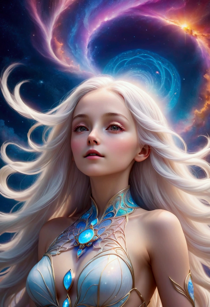 In a breathtakingly realistic photo, a luminous girl with porcelain-like skin stands atop a glowing chakra, surrounded by an ethereal astral-colored universe sky. Her incredibly long, silky white hair cascades down, illuminated by soft, cosmic light. Shot from a low angle, the image showcases her intricate features and delicate skin texture, with a sense of depth and dimensionality.