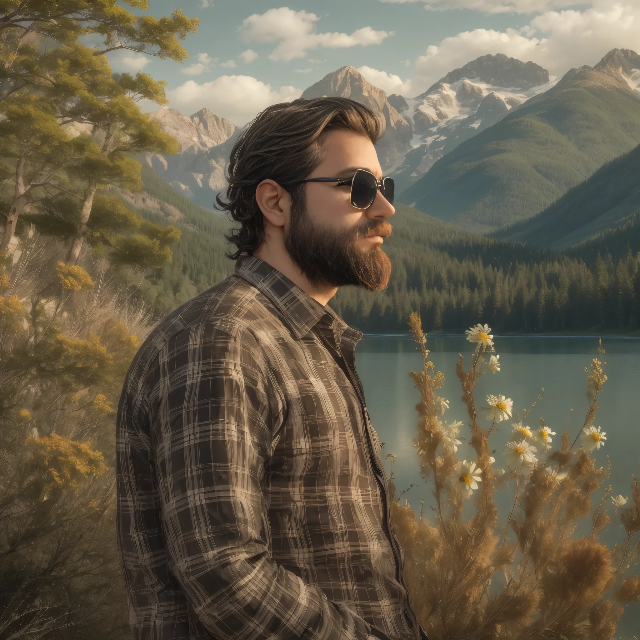 Imagine a  man with a well-groomed beard and sunglasses that reflect his surroundings... He wears a checked shirt in brown and beige tones.. He is standing in a detailed mountain landscape., with imposing snow-capped peaks in the background and a crystal-clear lake at its feet. Around it, The vegetation is dense and varied, with green leafy trees and some wild flowers in bright tones. The sky is a deep blue with scattered white clouds. The medium shot focuses on the upper part of his body, highlighting the texture of his plaid shirt and his serene expression as he looks out over the landscape.. The details of the natural surroundings and the soft light of the sunset add a calm and contemplative atmosphere to the image...