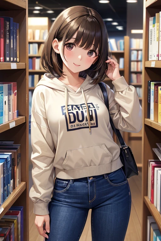 anegasaki nene、Shiny brown hair, short hair, (Beautiful brown eyes、Sparkling eyes, Fine grain)、smile、Ultra-detailed eyes、Highly detailed face, Highly detailed eyes,



(Highest quality:1.2), One girl, Black hoodie、Denim pants、bookstore