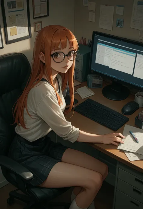 sakura futaba from the game "person 5", sitting at her desk, in front of a computer, backwards, looking at the viewer, in a room...