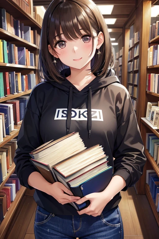 anegasaki nene、Shiny brown hair, short hair, (Beautiful brown eyes、Sparkling eyes, Fine grain)、smile、Ultra-detailed eyes、Highly detailed face, Highly detailed eyes,



(Highest quality:1.2), One girl, Black hoodie、Denim pants、((There are many books in the bookstore))