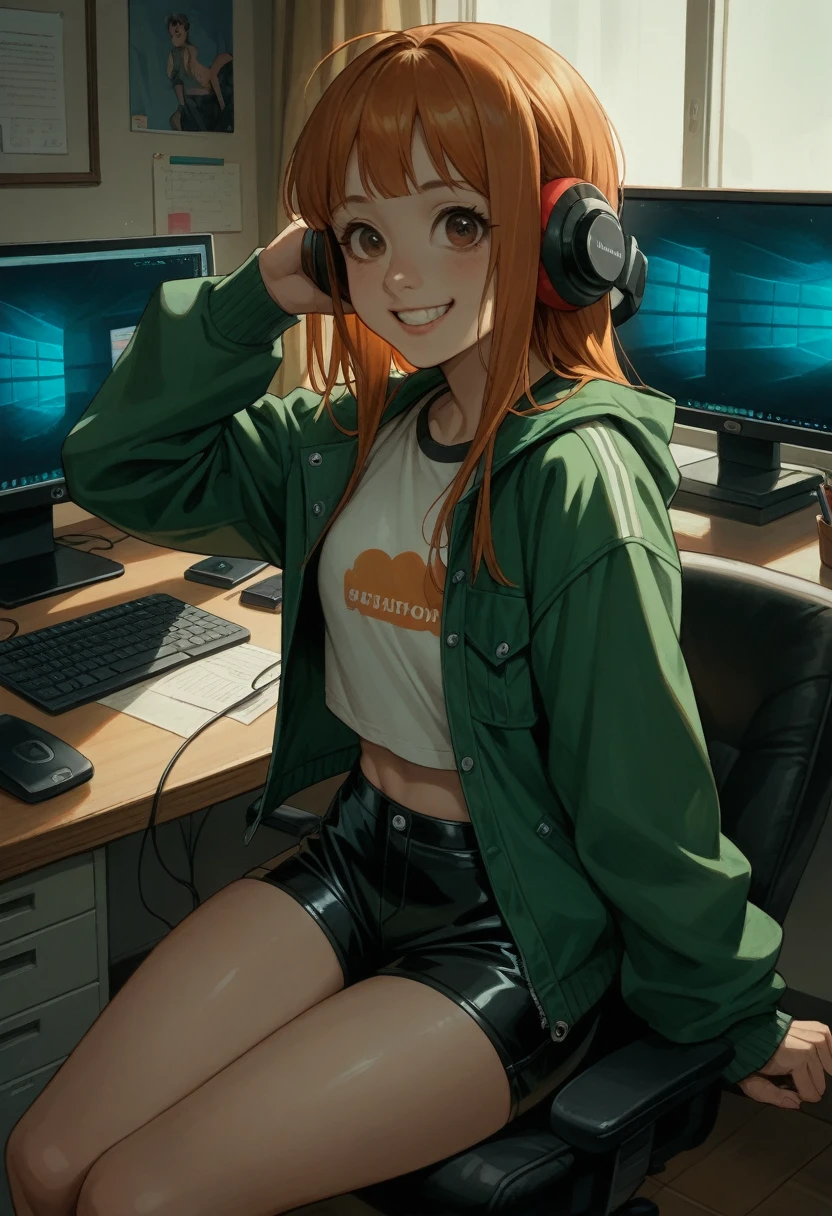 Sakura Futaba from the game "person 5", sitting at her desk, in front of a computer, backwards, looking at the viewer, In a room. latex shorts, green jacket, smiling, with headphones. 