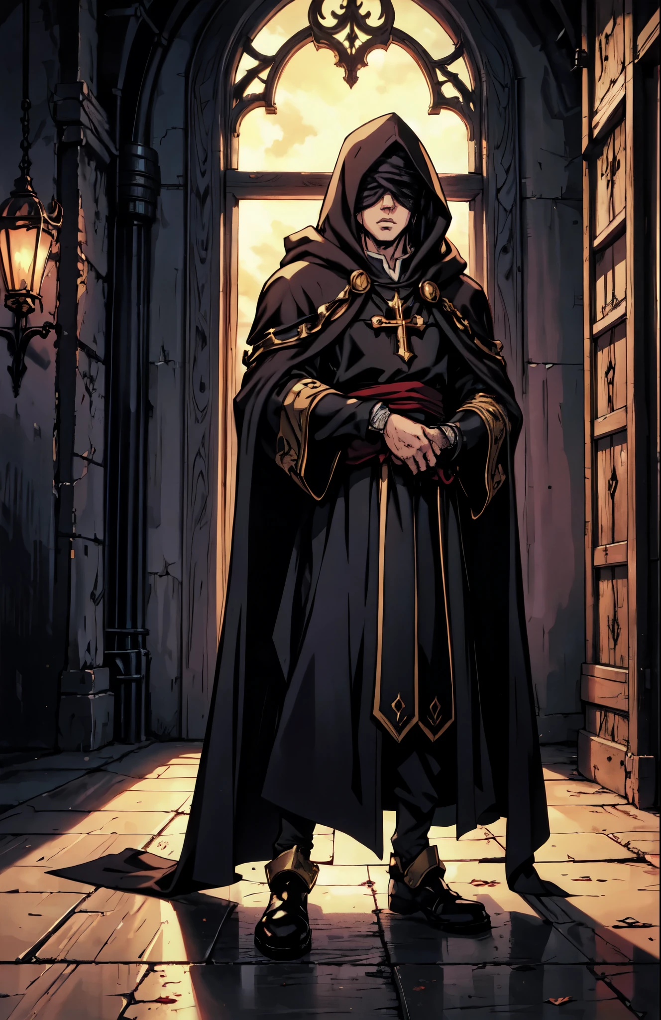 (masterpiece:1.2, best quality:1.2, extremely delicate:1.2), ((male:1.5)), a grown man with spiky brown hair, side-parted bangs, (Red blindfold:1.5), a resigned expression, a fantasy-realism style black hooded coat, a tattered gray robe underneath, cloth shoes, he stands within a Medieval Futurism-style temple, this character embodies a finely crafted Medieval Futurism-style priest in anime style, exquisite and mature manga art style, dramatic, high definition, highres, ultra-detailed, ultra-fine painting, professional, perfect body proportions, golden ratio, anatomically correct, symmetrical face, extremely detailed eyes and face, high quality eyes, creativity, RAW photo, UHD, 32k, Natural light, cinematic lighting, (masterpiece-anatomy-perfect:1.2)